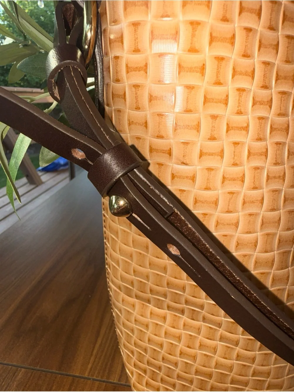 Dooney & Bourke Tan Woven Tote with Dark Brown Trim - Picture 12 of 16